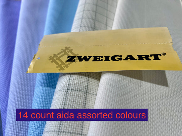 Zweigart 14 count Aida 110  cm x 50 cm Assorted colours.