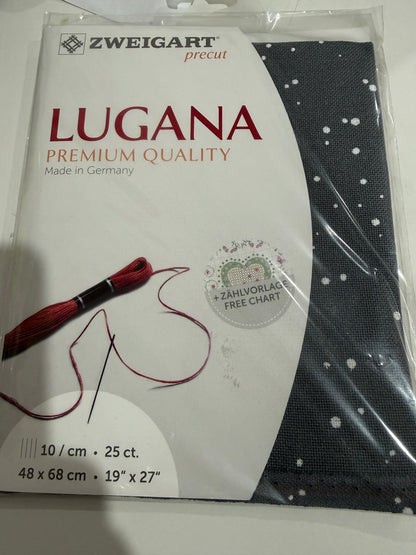 25 COUNT ZWEIGART EVENWEAVE LUGANA GREY WITH WHITE SPOTS PRE PACKAGED