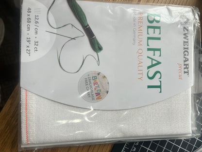 32 COUNT ZWEIGART BELFAST LINEN WHITE WITH GREY STARS