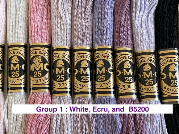 Group 1: DMC Stranded cotton, white, Ecru and B5200